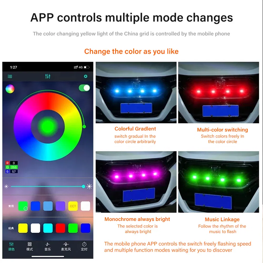 Bkr Car RGB LED Yellow Center Grille Warning Light 12V 6W Is Suitable for Car Grille Decorative Light Daytime Fog Light