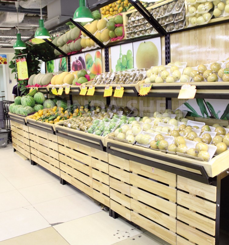 Light Duty Wooden Vegetable Stand Supermarket Storage Rack for Fruit Vegetable Display Single-Sided Iron Plastic Display Shelf