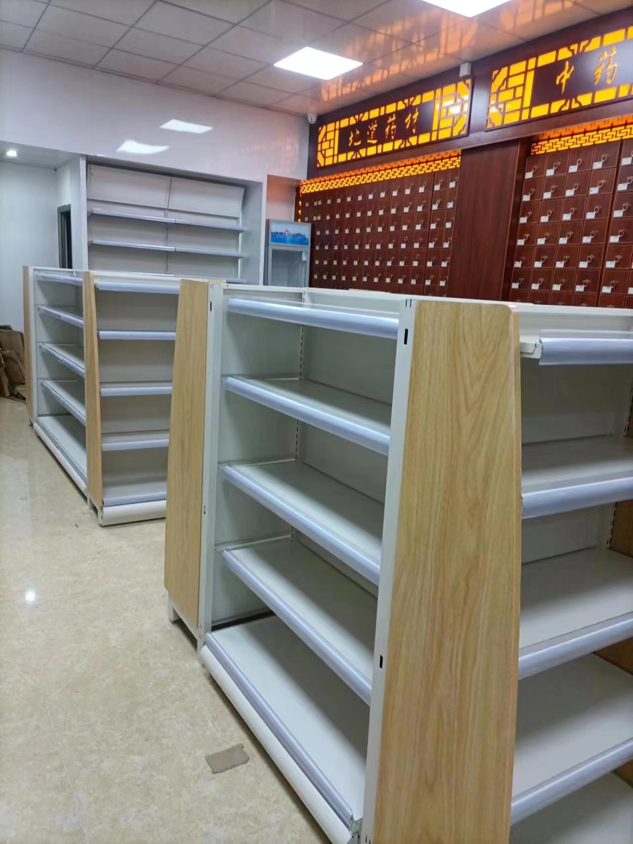 Full White and Wood Pharmacy Used Convenience Store Use Equipment Runda Gondolas for Pharmacy