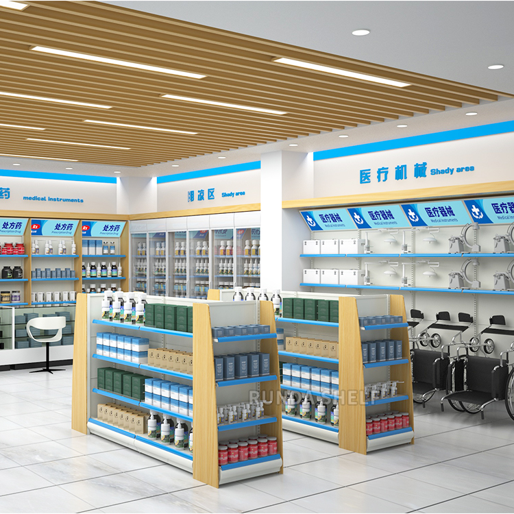 Supermarket Shelves Gondola Pharmacy Store Metal Runda Shelf RZ Display Stand Double-Sided Light Duty with Excellent Lighting