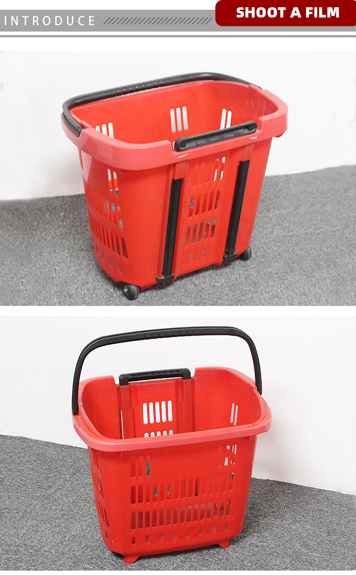Plastic Shopping Basket with Wheels and Hand Pull Lighted Shelf for Easy Navigation
