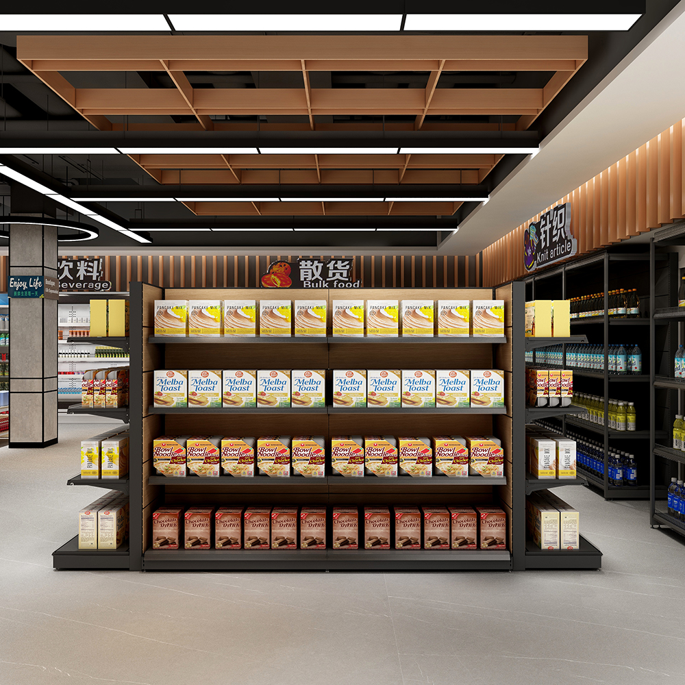 Supermarket shelf Heavy-Duty Wood Steel Acrylic Metallic Material for Grain Oil Store Shelf