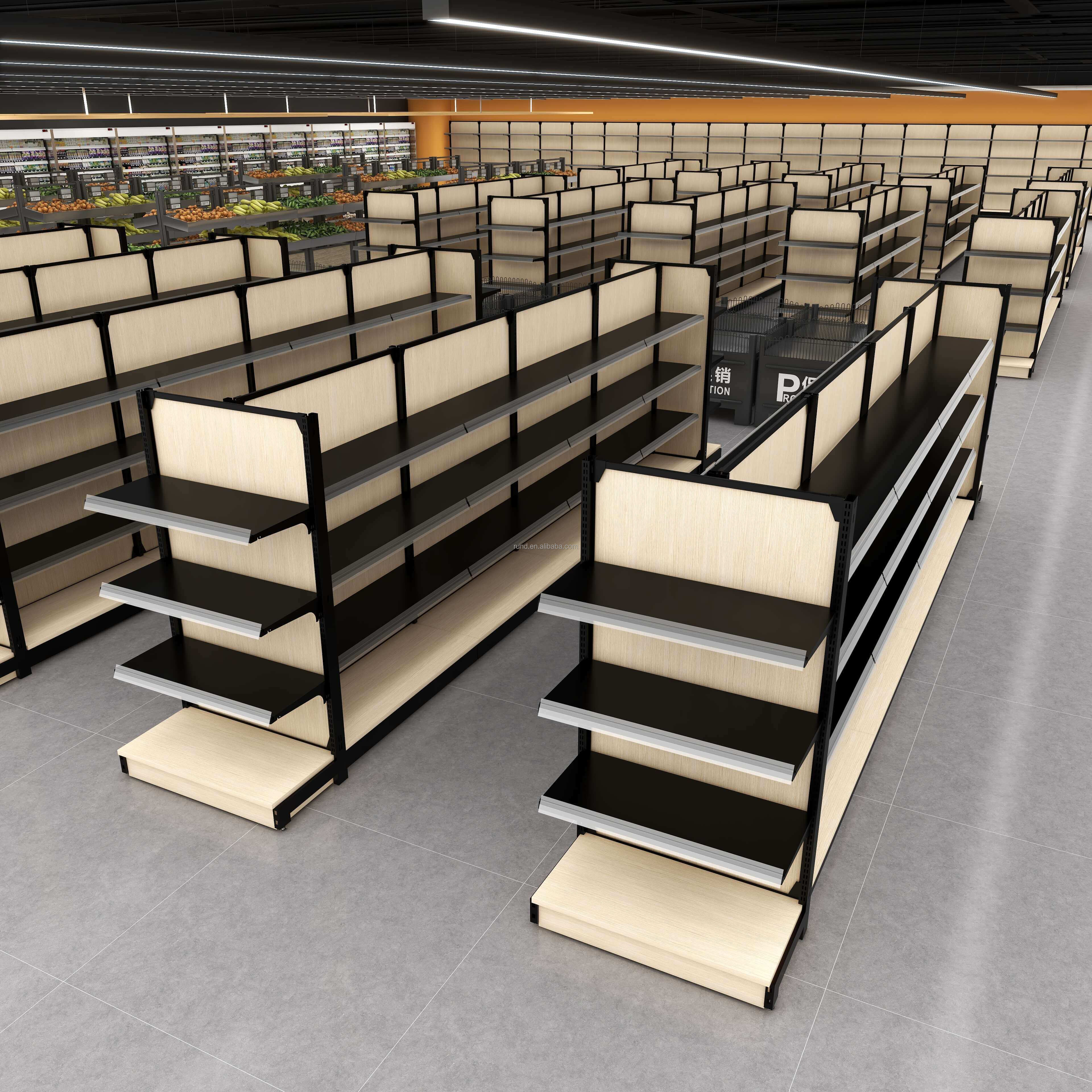 Convenient Double-sided Metallic Supermarket Rack High Load Capacity Space-saving Freestanding Shelving Solutions