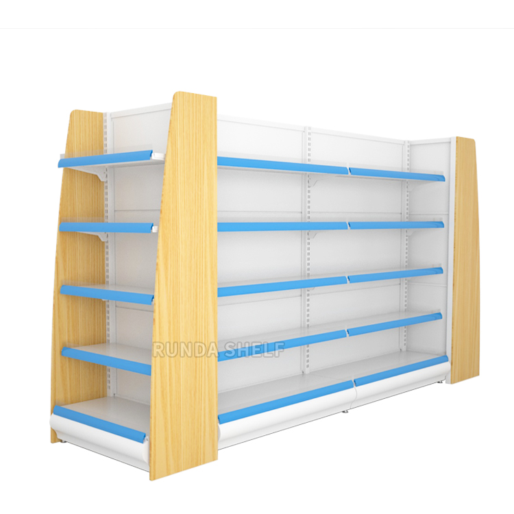 Supermarket Shelves Gondola Pharmacy Store Metal Runda Shelf RZ Display Stand Double-Sided Light Duty with Excellent Lighting