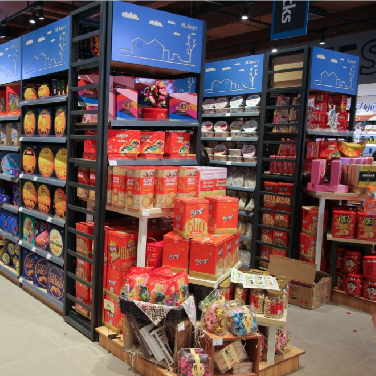China's Modern Supermarket Shelving Wood Plastic Iron Display Rack with Metal Finish for Store Advertising Pricing Display