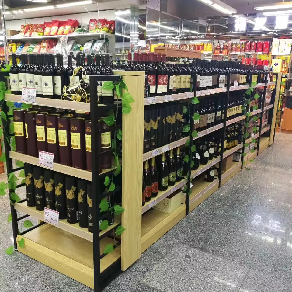 Supermarket Double-Sided Display Shelf for Red Wine Light Duty Steel Wood Rack for Boutique Store Use