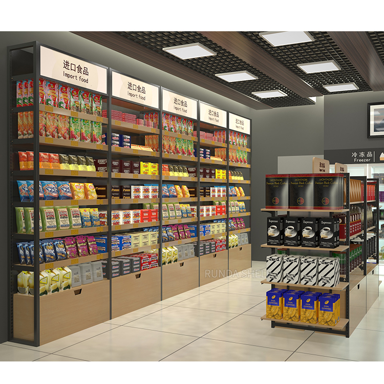Double-Sided Light Duty Wooden Shelves with Metallic Material Single-Sided Supermarket Rack for Display RZ Metal & Steel