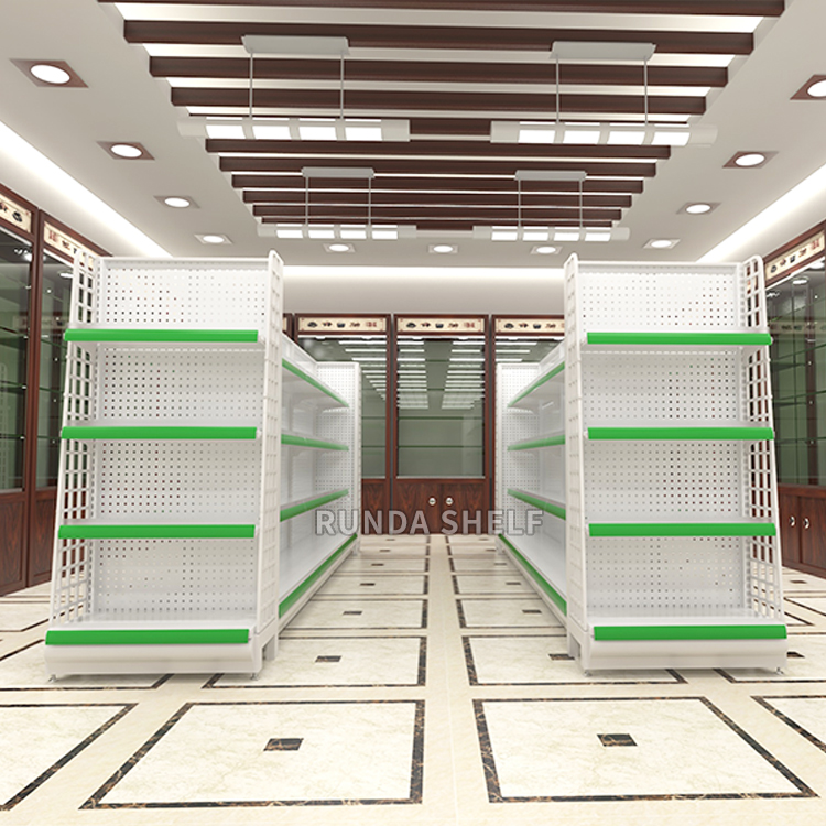 Supermarket Shelves Gondola Pharmacy Store Metal Runda Shelf RZ Display Stand Double-Sided Light Duty with Excellent Lighting