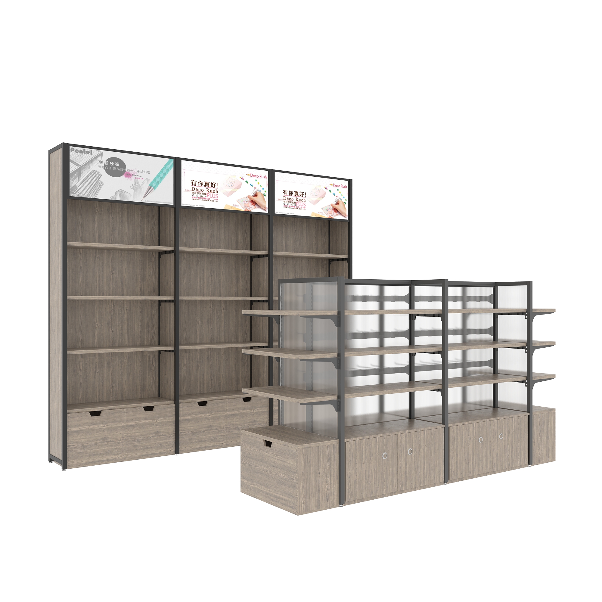 Bookstore Stationery Store Shelves Steel and Wood Living Hall Product Shelves
