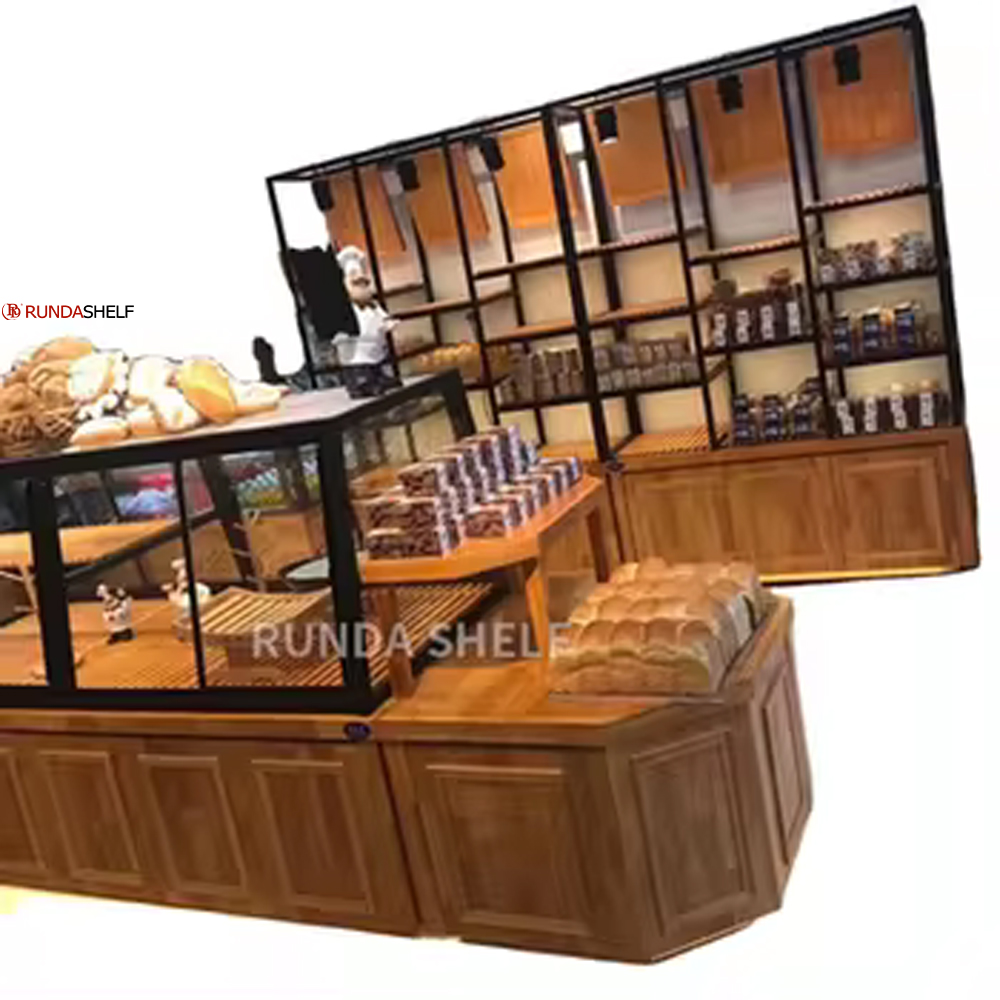 FV-05 Supermarket Bakery Showcase Rack Wooden Bread Display Shelf 800-1000mm Metal and Metallic Material