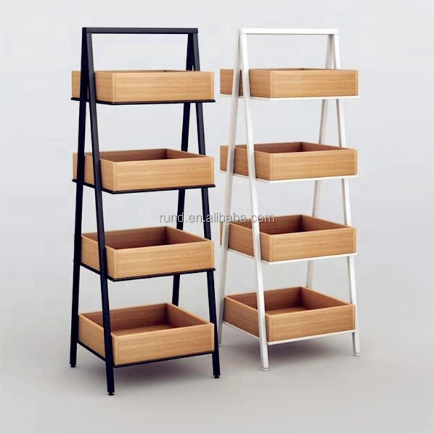 Supermarket Efficient Product Display with Wood Display Shelf Promotion Tables for Effective Retail Visualization
