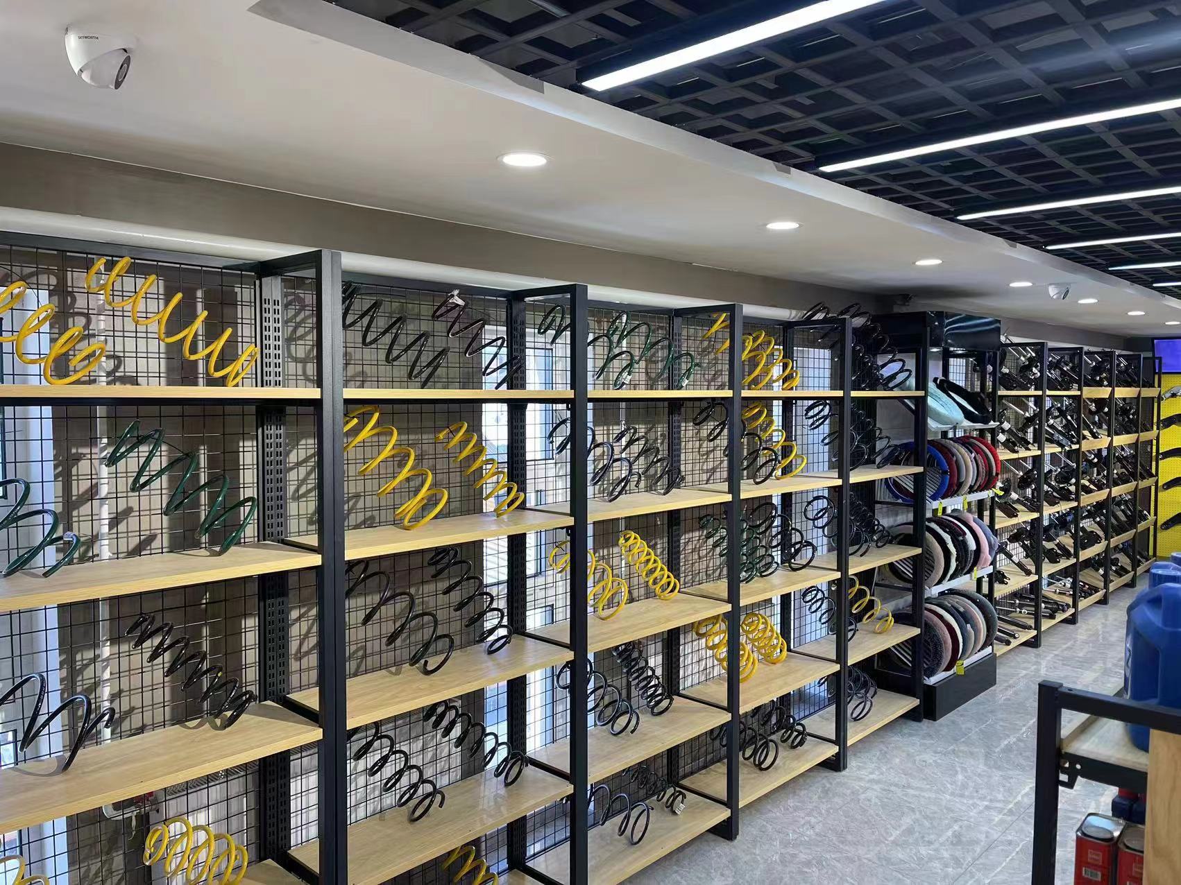 Double-Sided Supermarket Rack Light Duty Steel and Wood Display Shelves with Island Iron Combined for Optimal Visibility