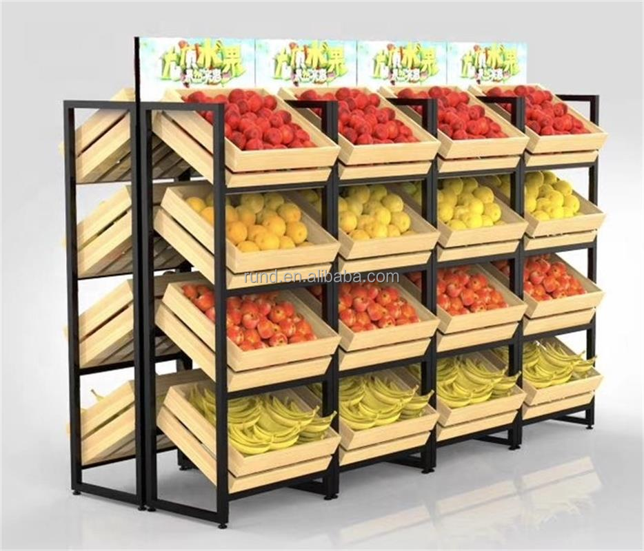 Supermarket Efficient Product Display with Wood Display Shelf Promotion Tables for Effective Retail Visualization