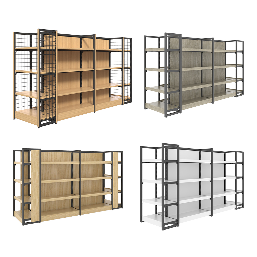 Customized Wood and Metal Stand Mini Market Mart Paper Display Rack Gondola Rack Shop Rack for Sale