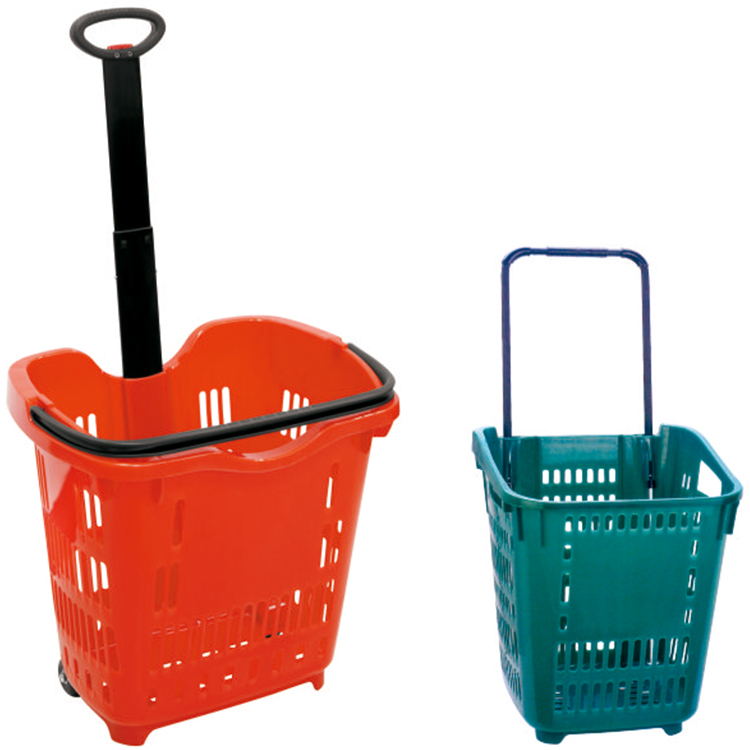 RUNDA-PW603 Red Single Pull Rod and One Handle with 4 Wheels Shopping Basket Plastic 40 Liters Capacity Supermarket Use RZ