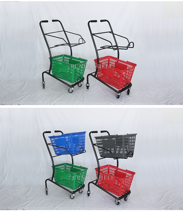 RUNDA ST-08 Supermarkets Shopping Cart RD Double Deck Unfolding Chrome Plated 3 Inch 50kg Capacity 60L Shopping Trolley