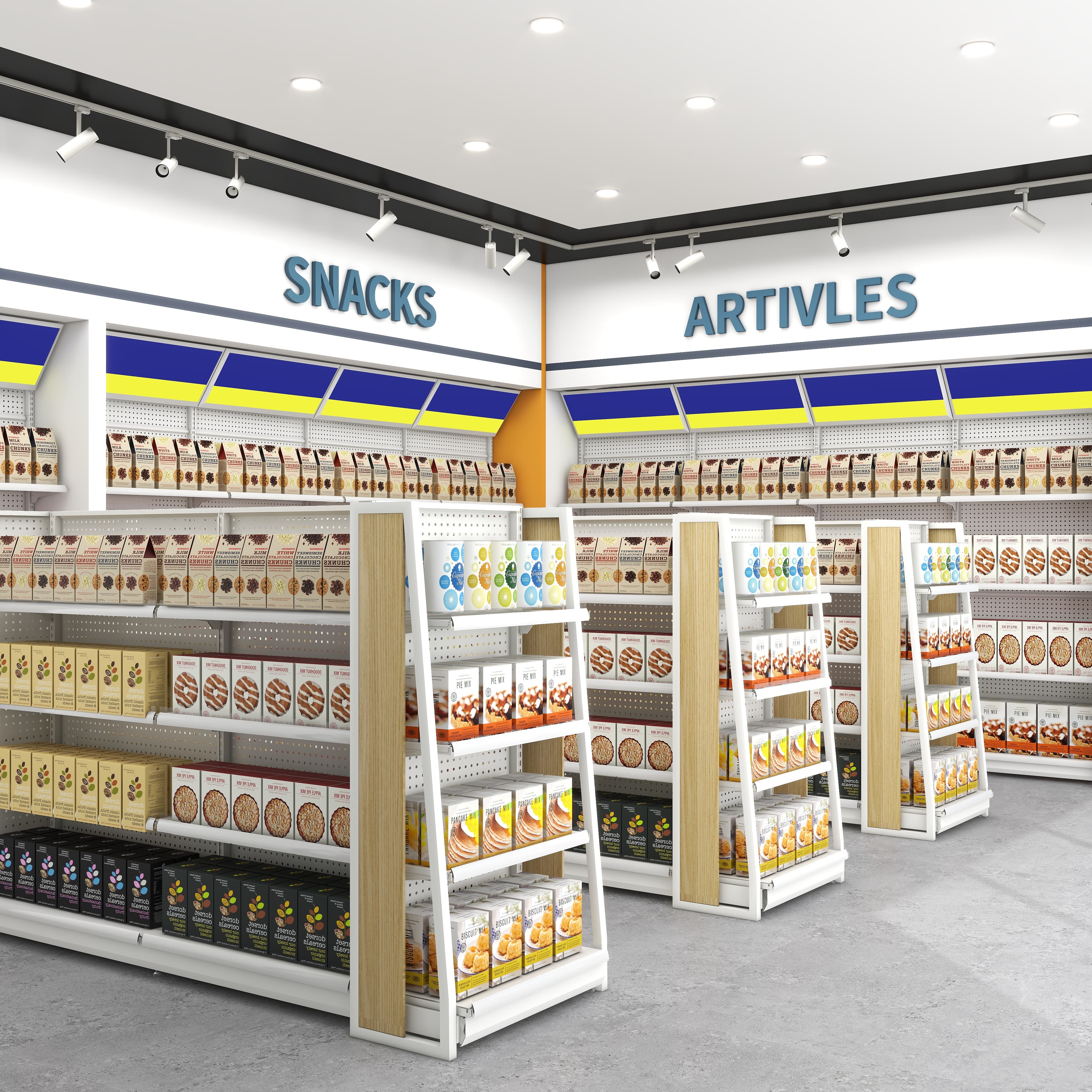 Convenience Store Shelves with Shimadzu Side Panels, Supermarket Product Shelves