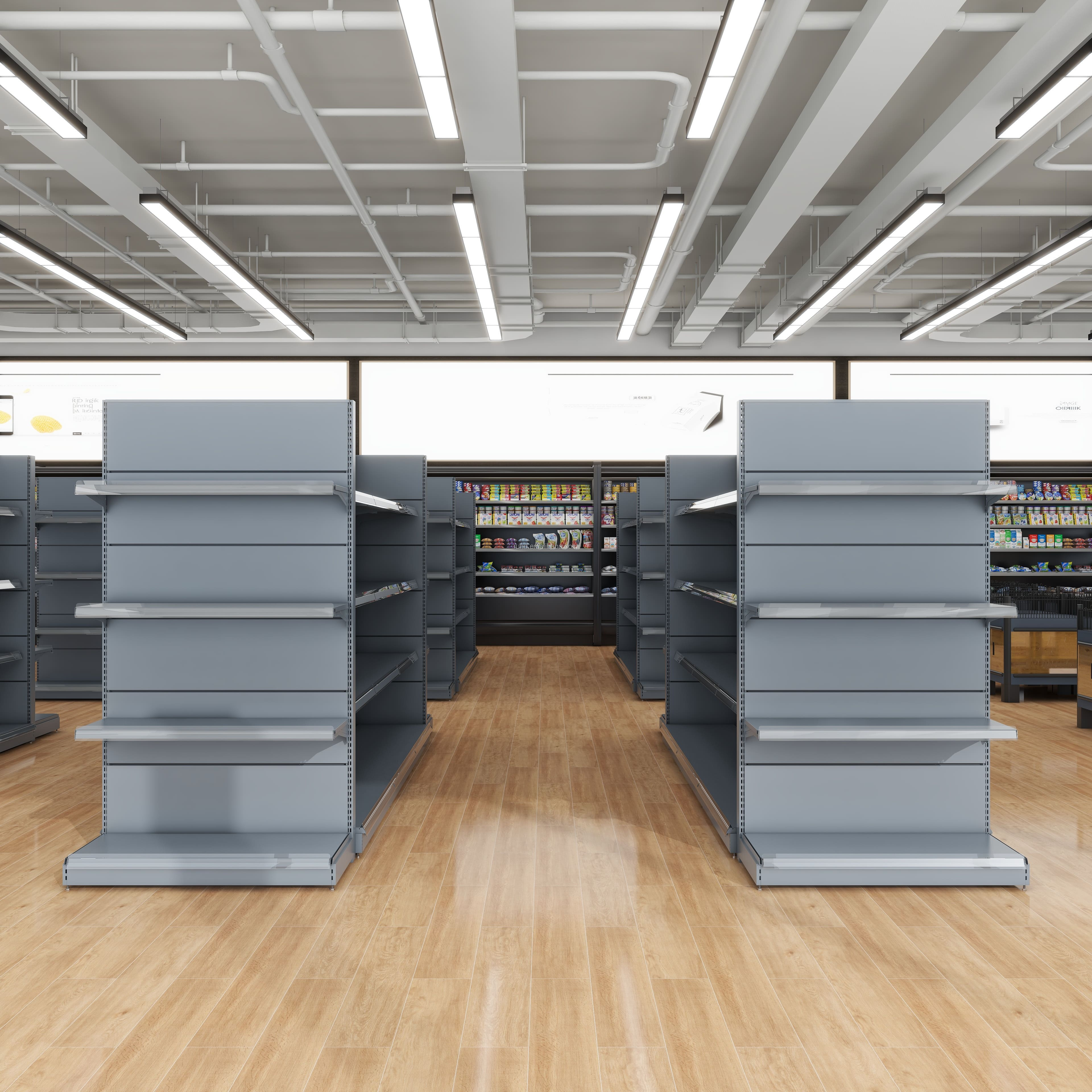 Heavy-Duty Double-Sided Steel Gondola Shelf for Retail Department Store and Grocery Rack Supermarket Metallic Storage Solution
