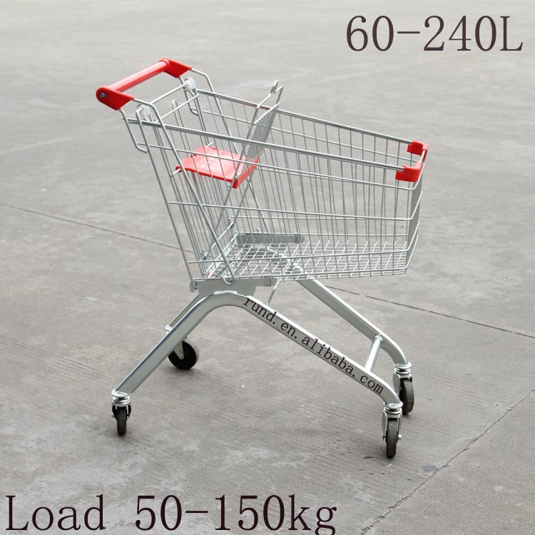 Asian Supermarket Folding Hand Trolley with Coin Lock Zinc Plated Plastic & Steel 50-130kg Capacity Red/Blue Shopping Cart