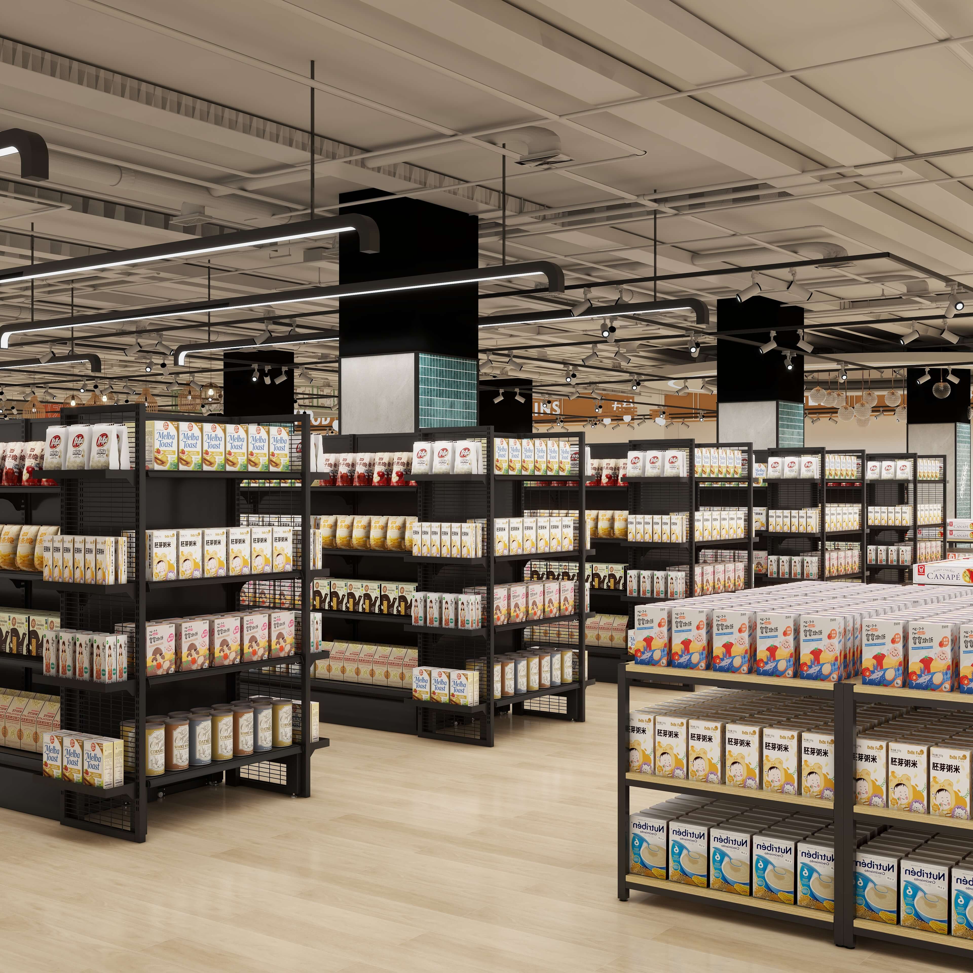 Customizable Double-Sided Supermarket Shelving Large Rack with Mesh Storage Racks Metallic Supermarket Shelves