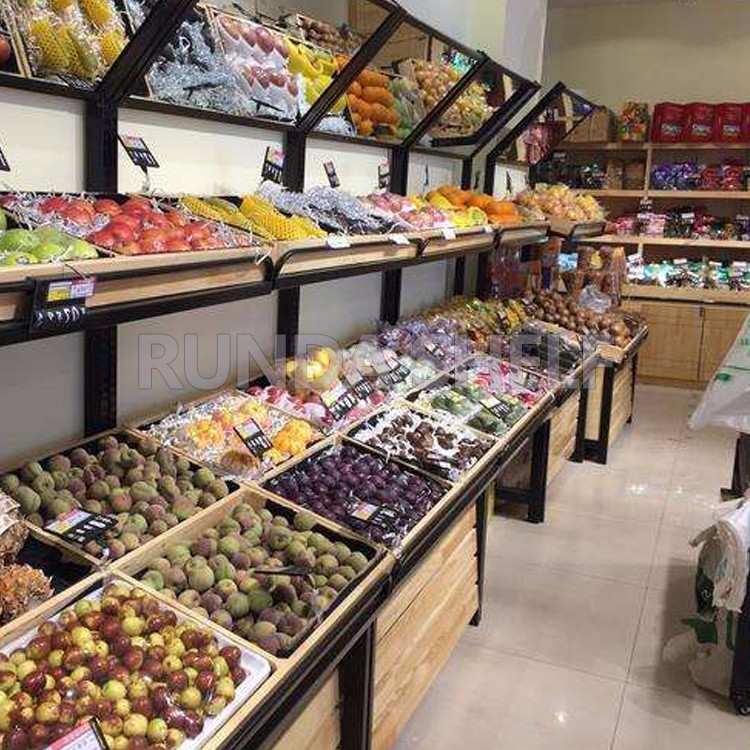 Light Duty Wooden Vegetable Stand Supermarket Storage Rack for Fruit Vegetable Display Single-Sided Iron Plastic Display Shelf
