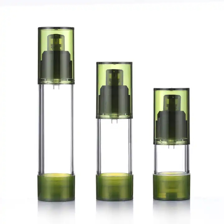 in Stock 15ml 30ml 50ml as Green Airless Bottle Mini Sample Lotion Cream Plastic Airless Cosmetic Bottles