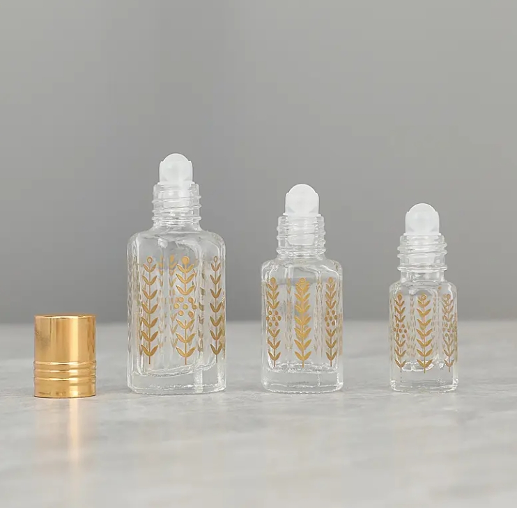 Top Grade 3ml 6ml 12ml Empty Golden Octagonal Essential Oil Roller Bottle Leaf-Pattern Glass Roll on Perfume Bottle
