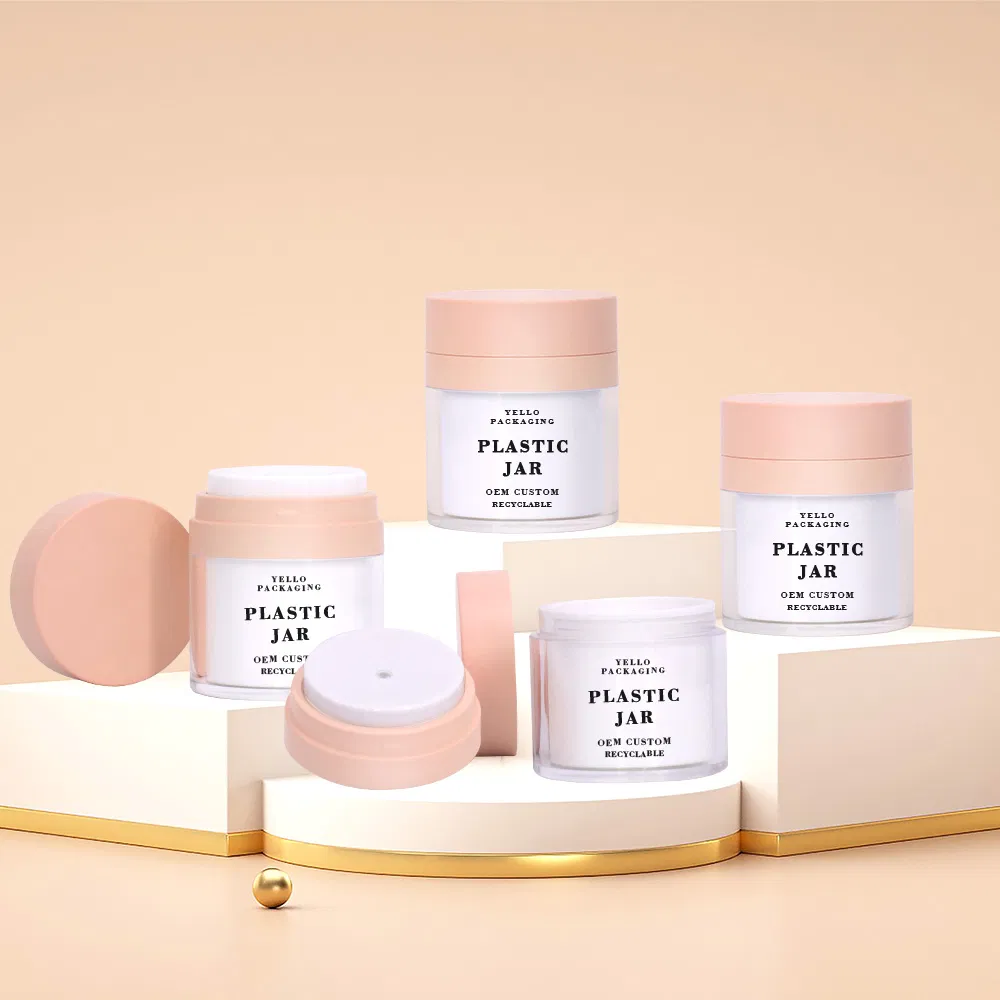 50ml Round Pink Matte Acrylic Airless Pump Cosmetic Jar for Skincare Cream with Label