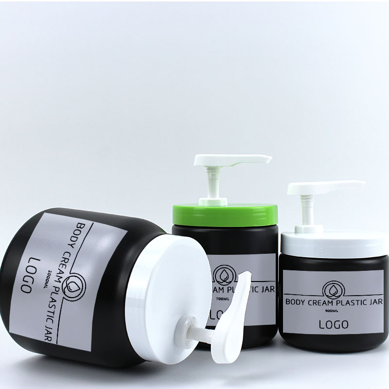 Luxury Plastic Lotion Face Cream Container Black HDPE Refillable 500ml 1000ml Skincare Airless Press 98mm Pump Cosmetic Jars