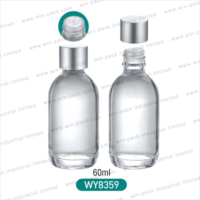 Stylish 60ml Clear Glass Skincare Bottle with Silver Cap
