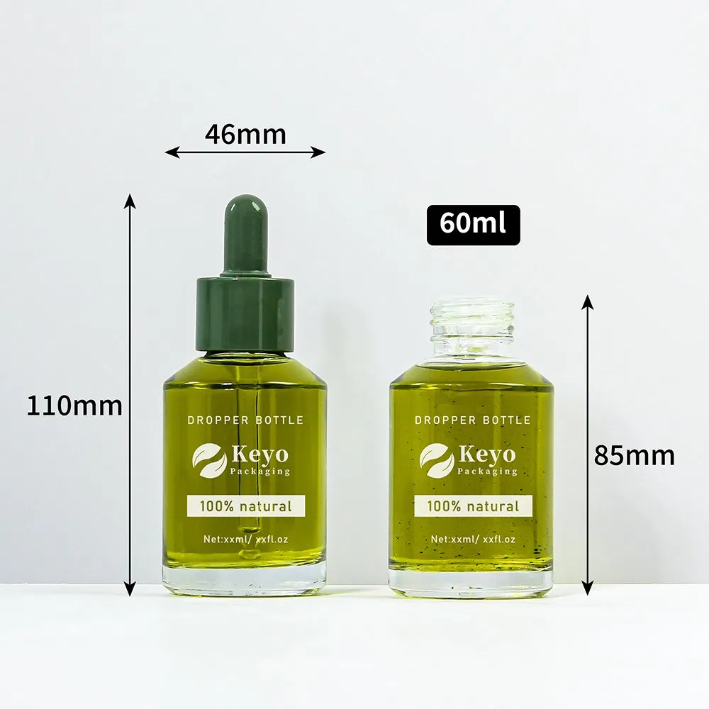 High Quality 60ml Olive Green Glass Serum Dropper Bottle Customize Empty Skincare Packaging Hair Oil Bottle