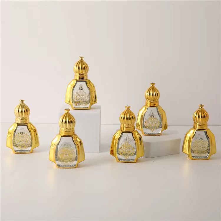 Luxury Empty 6ml 10ml Crown Shape UV Electroplating Golden Roll on Perfume Bottle Glass Roller Essential Oil Glass Bottle