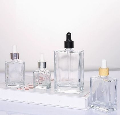 Empty Colorful Flint Flat Square Glass Bottle 10ml 30ml 50ml 100ml Essential Oil Serum Perfume Dropper Bottle with Drop Cap Skin Care Cosmetic Lotion Bottle