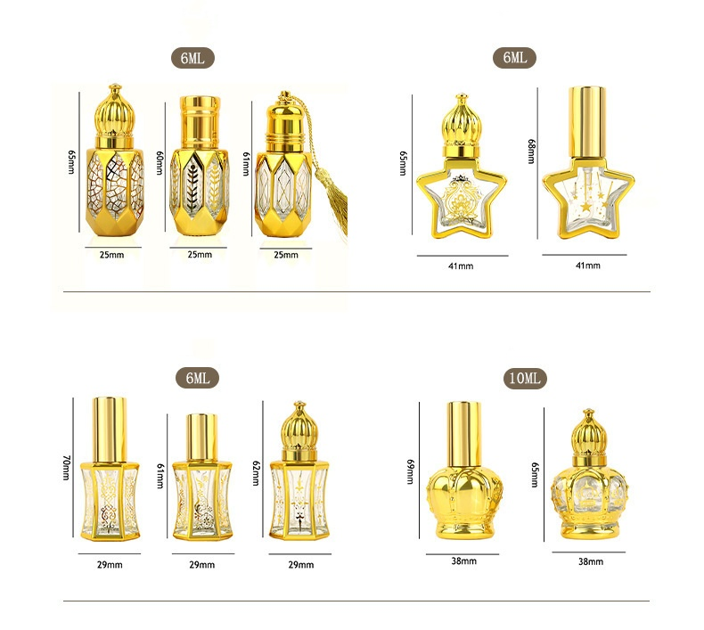 Guangdong Fragrance Middle East Dubai Mini 3ml 6ml 12ml Golden Empty Atomizer Spray Roll on Cosmetic Bottle Essential Oil Arabic Custom Perfume Glass Bottle