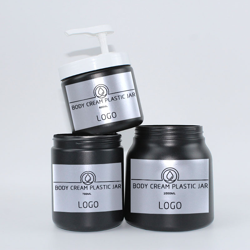Luxury Plastic Lotion Face Cream Container Black HDPE Refillable 500ml 1000ml Skincare Airless Press 98mm Pump Cosmetic Jars