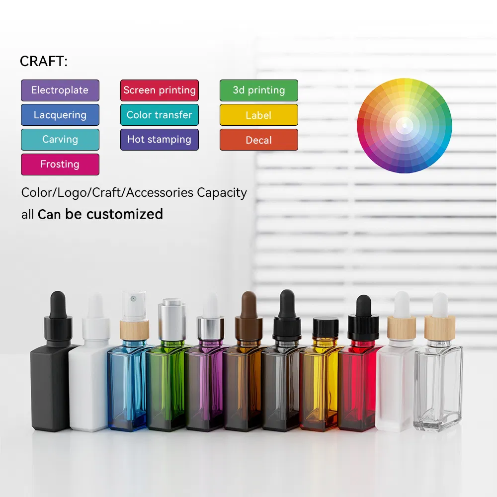 Supplier Cosmetic Flat Shoulder Rectangle Black Glass Serum Essential Oil Oil Bottle with Dropper and Box