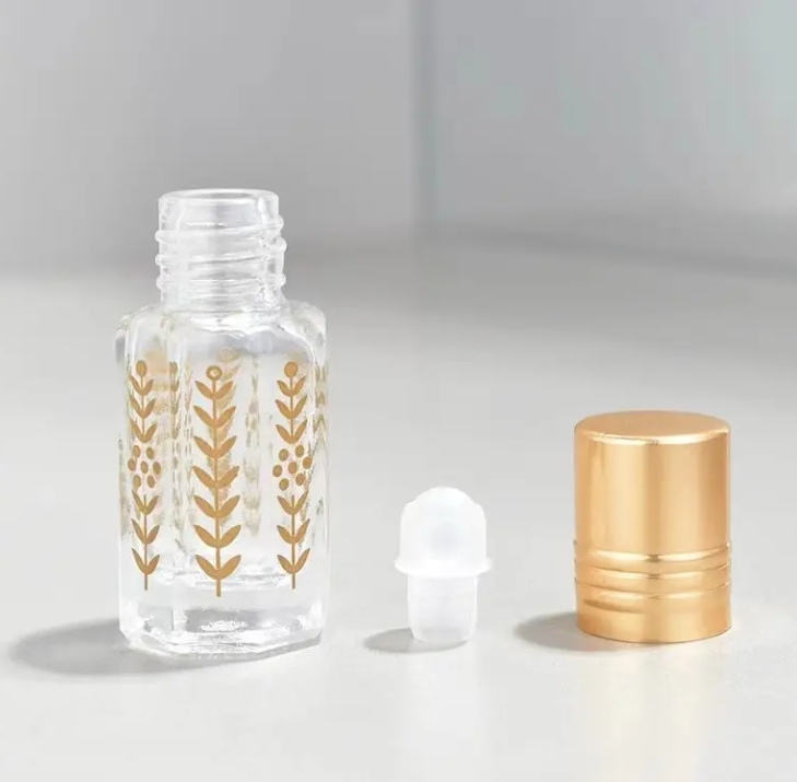 Top Grade 3ml 6ml 12ml Empty Golden Octagonal Essential Oil Roller Bottle Leaf-Pattern Glass Roll on Perfume Bottle