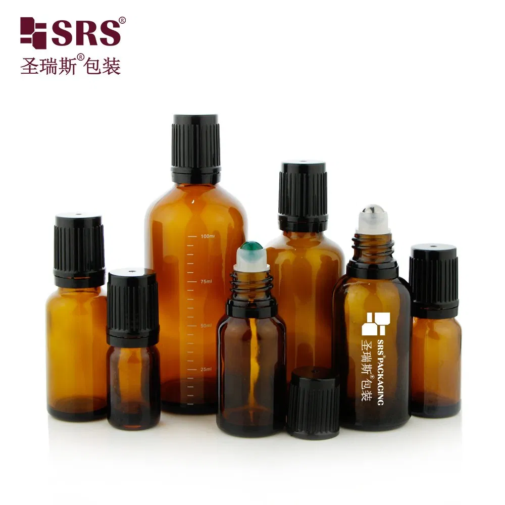 New Design Amber Essential Oil Bottle Glass Roll On Bottle With TP theftproof plastic cap with Steel Jade Roller Ball Skin Care Cosmetic Packaging