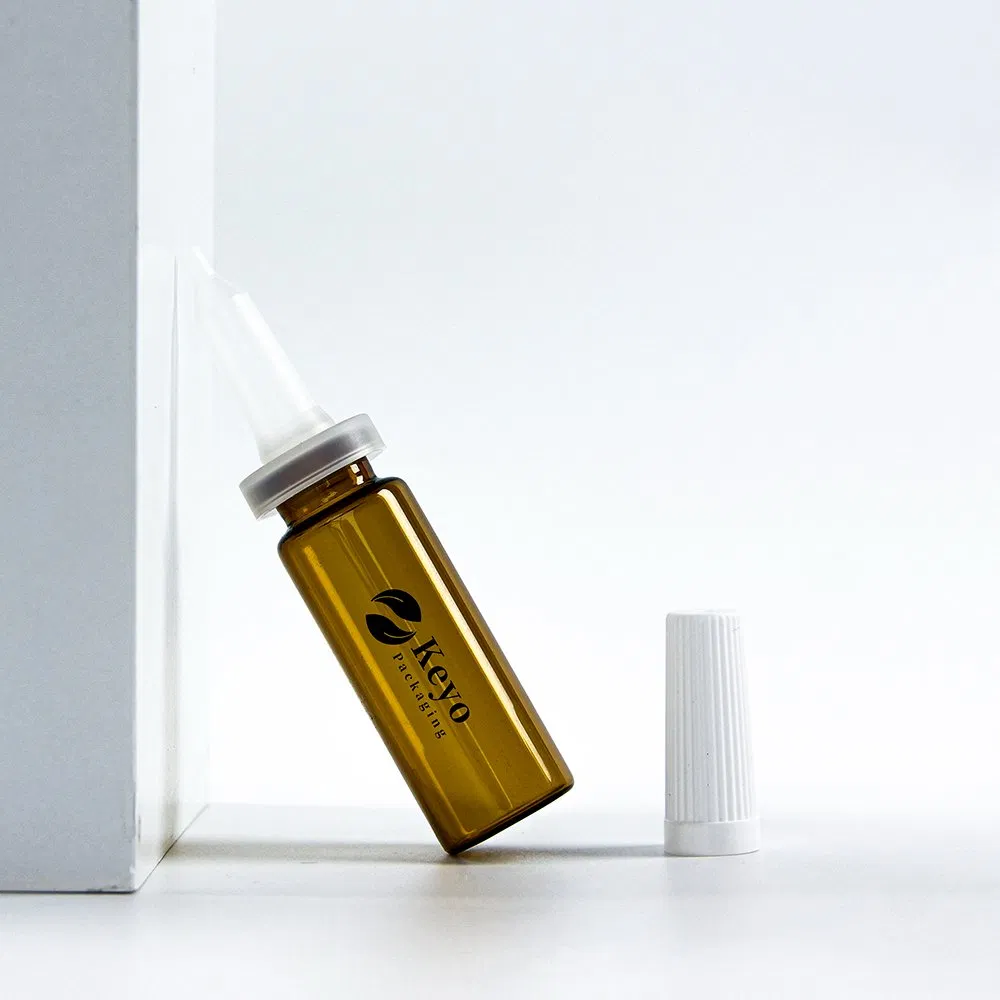 Custom Freeze-Dried Ampoule Luxury Glass Dark Amber Dropper Penicillin Bottle for Essential Oil with Cap Push Button Flat Shoulder