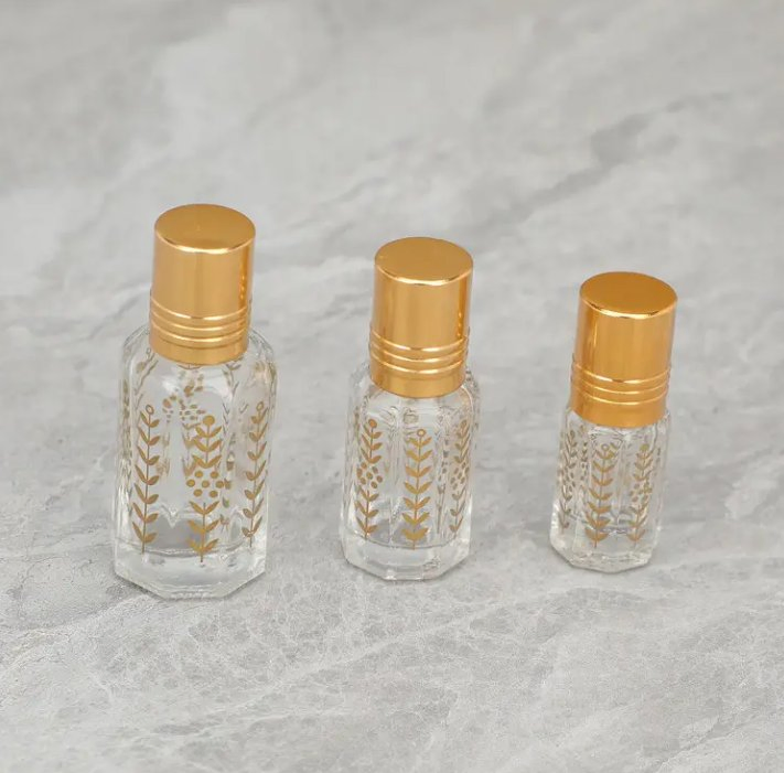 Top Grade 3ml 6ml 12ml Empty Golden Octagonal Essential Oil Roller Bottle Leaf-Pattern Glass Roll on Perfume Bottle