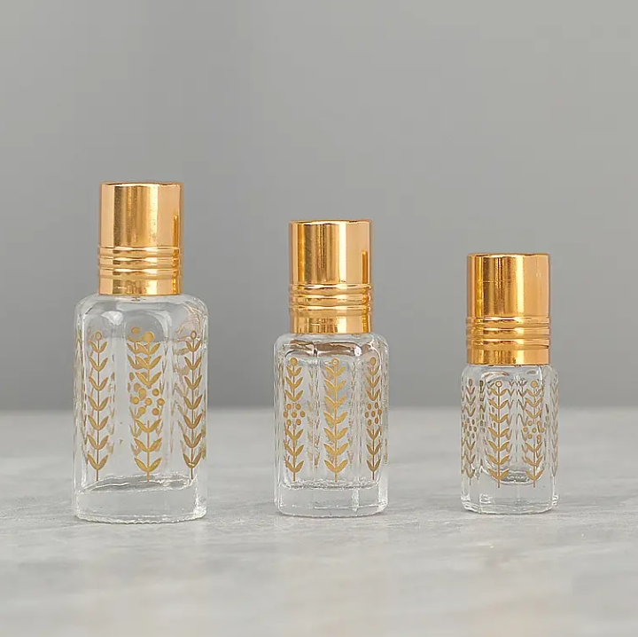 Top Grade 3ml 6ml 12ml Empty Golden Octagonal Essential Oil Roller Bottle Leaf-Pattern Glass Roll on Perfume Bottle
