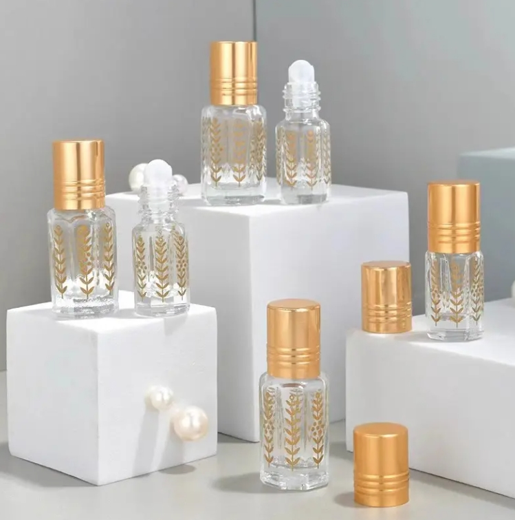 Top Grade 3ml 6ml 12ml Empty Golden Octagonal Essential Oil Roller Bottle Leaf-Pattern Glass Roll on Perfume Bottle