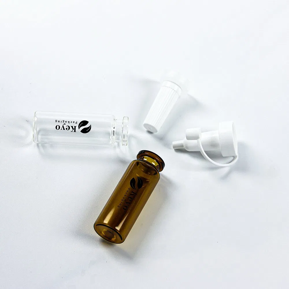 Custom Freeze-Dried Ampoule Luxury Glass Dark Amber Dropper Penicillin Bottle for Essential Oil with Cap Push Button Flat Shoulder