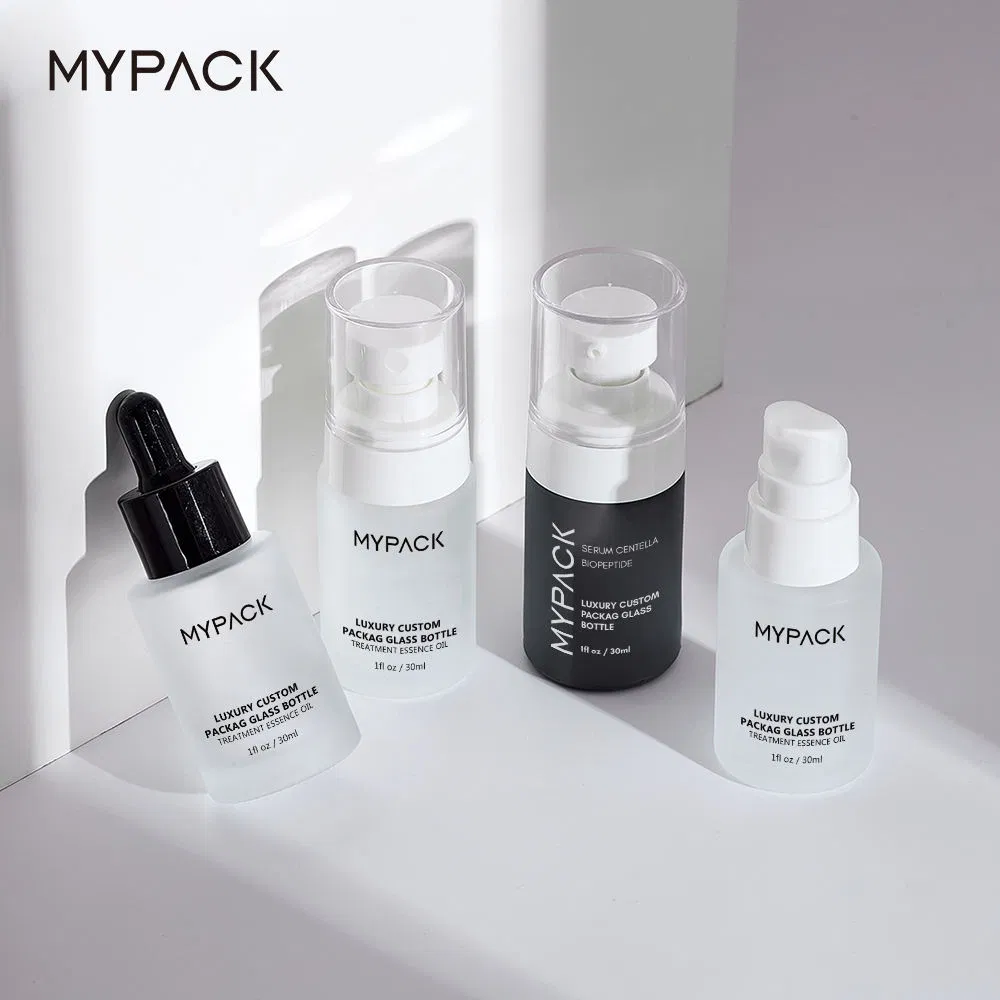 Mypack Custom White Clear Qlass Serum Bottle 20ml 30ml Round Frosted Qlass Essential Oil Dropper Bottle Packaging