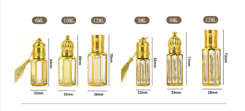 Guangdong Fragrance Middle East Dubai Mini 3ml 6ml 12ml Golden Empty Atomizer Spray Roll on Cosmetic Bottle Essential Oil Arabic Custom Perfume Glass Bottle