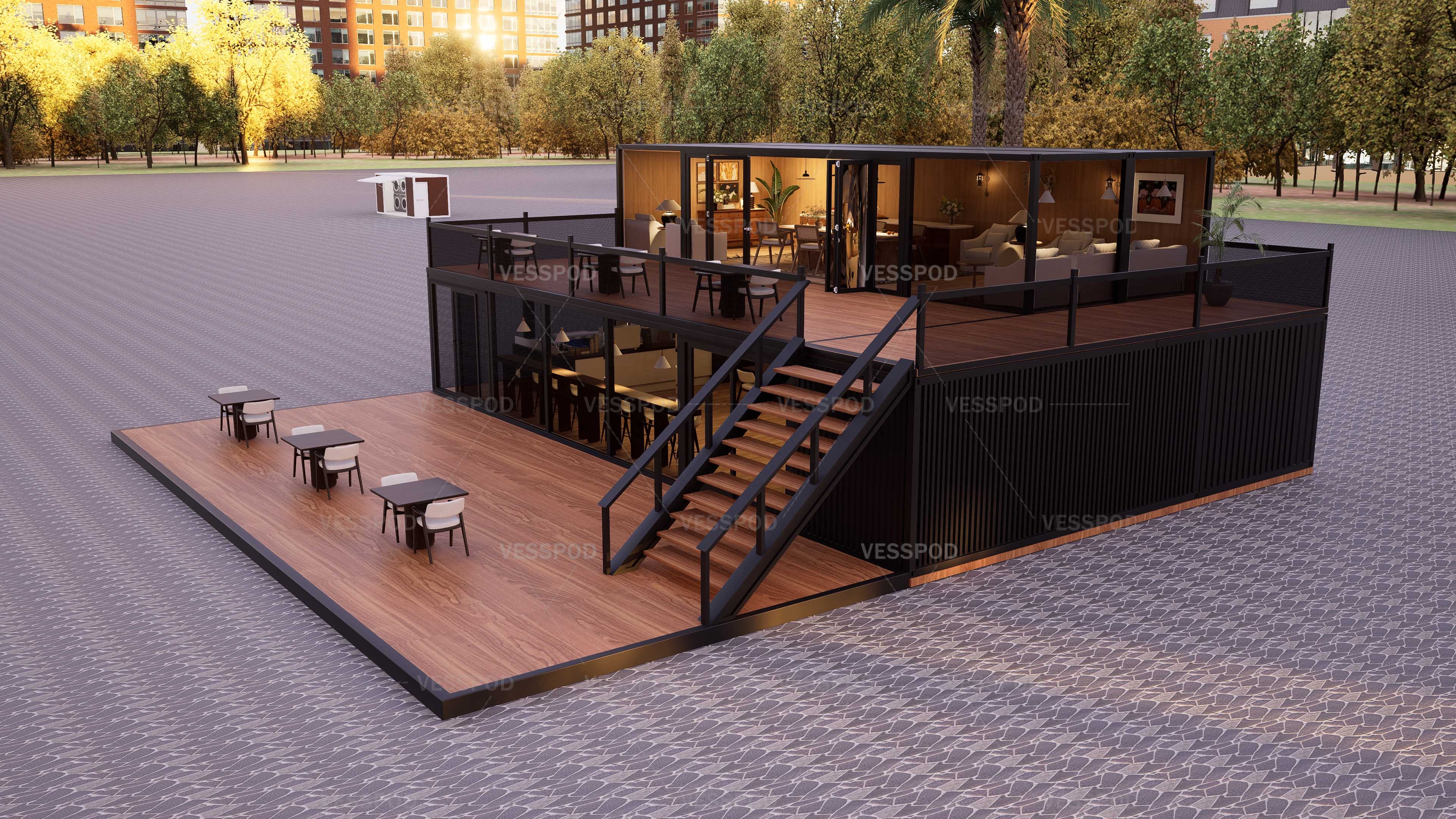 Turnkey Container Restaurant Shop Project Modular Breathable Steel Structure 100% Prefabricated Modern Design Outdoor Deck Fully