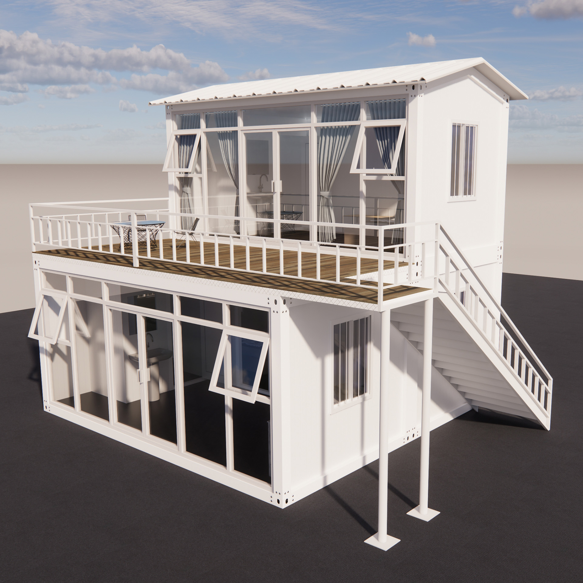 Luxury Double-Story Quick-Install Prefab Container House With External Staircase For Shops, Dormitories, Offices And Villas