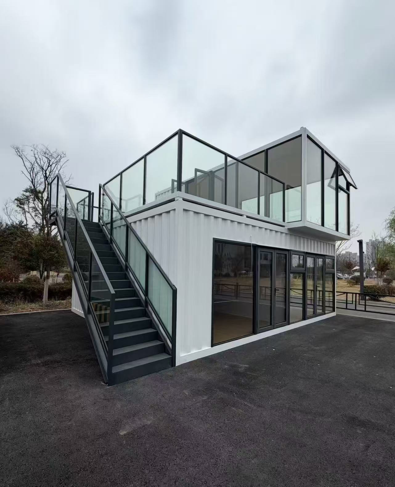 2 Story Flat Pack Container House Modern Glass Wall Quick Assembly Steel Frame Prefab Office Home with Balcony for Sale