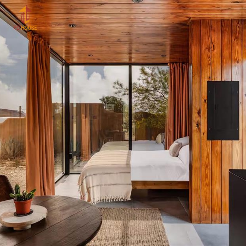 Mirror Sky Luxury Modular Container Home With Full Sight Glass Wall, Integrated Interior Outdoor Deck For Scenic Resort Glamping