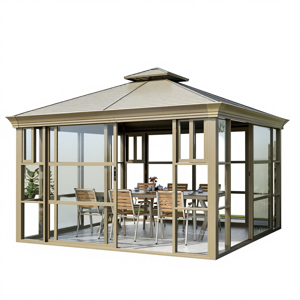 Outdoor Courtyard Gazebo Chinese Style Aluminum Alloy Modern Sunroom Villa Garden Tea Room Transparent Pavilion Model I476